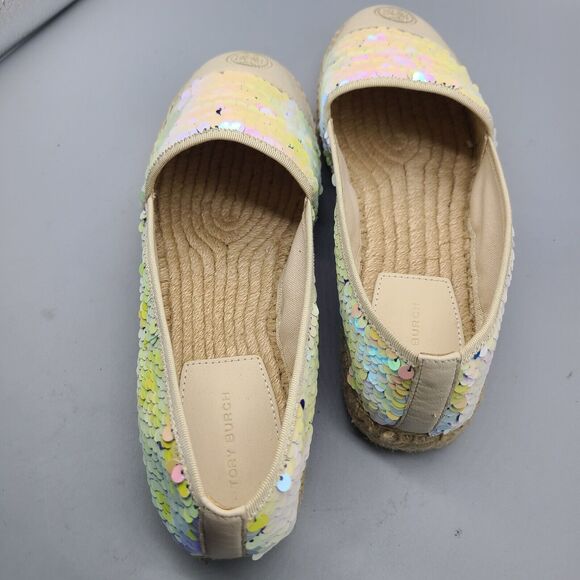 Tory Burch women flats sz 10 sequin espadrilles ivory green logo new - Picture 8 of 13